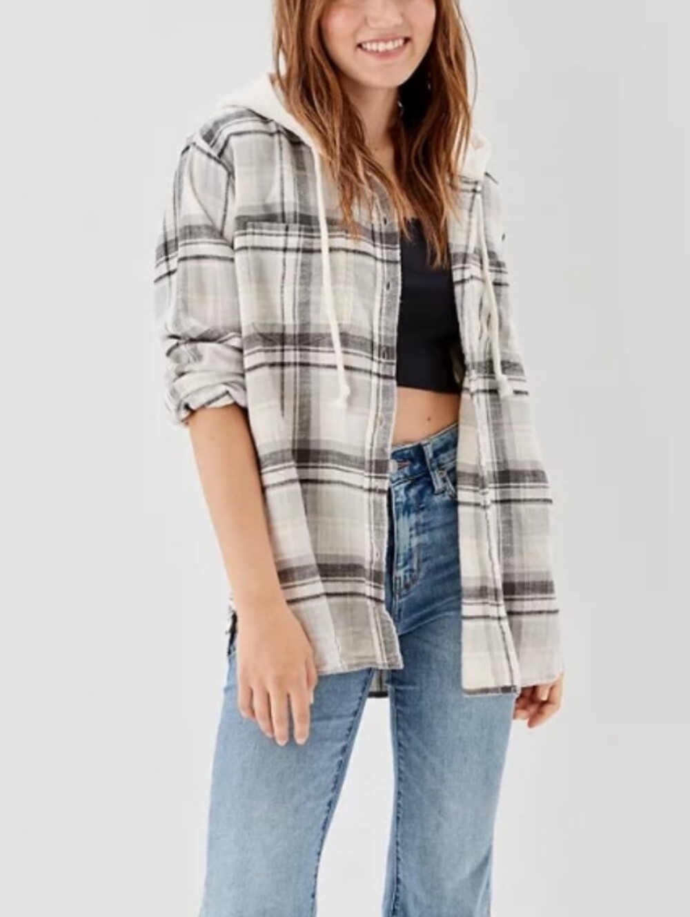 American Eagle Outfitters Cream & Grey Hooded Flannel Shirt Size Small